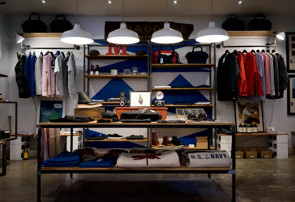 Interior de una tienda de ropa con prendas expuestas